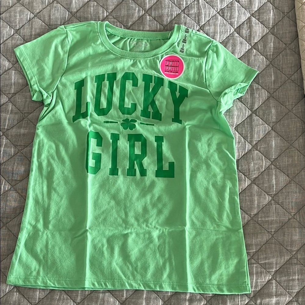 The Children's Place Green Short Sleeve Tee Lucky Girl size 10-12